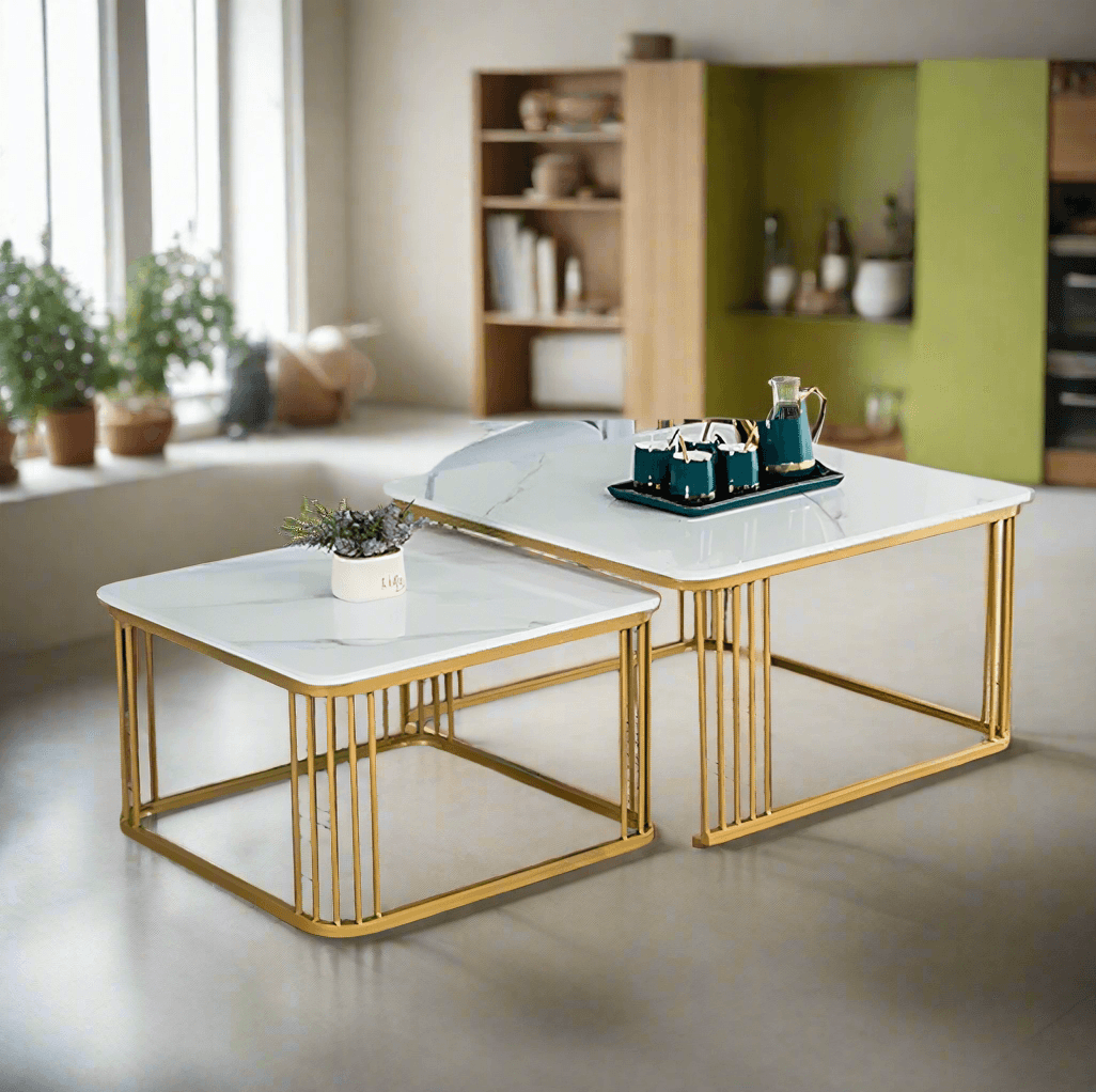Elegant N I CREATIONS centre table coffee set with a marble top and gold metal frame design