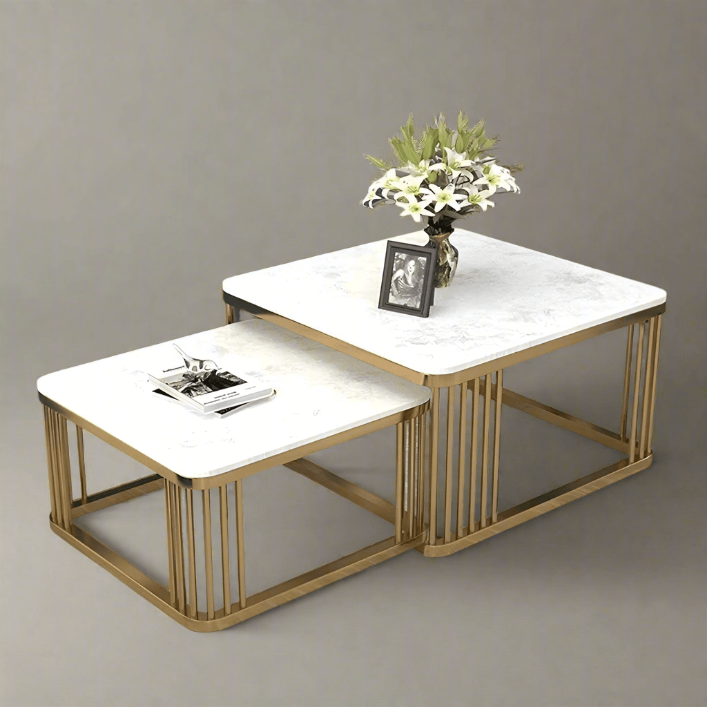 Stylish N I CREATIONS centre table coffe set with a marble top and golden metal legs, perfect for modern homes