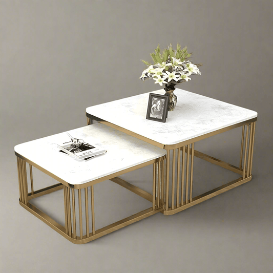 Stylish N I CREATIONS centre table coffe set with a marble top and golden metal legs, perfect for modern homes