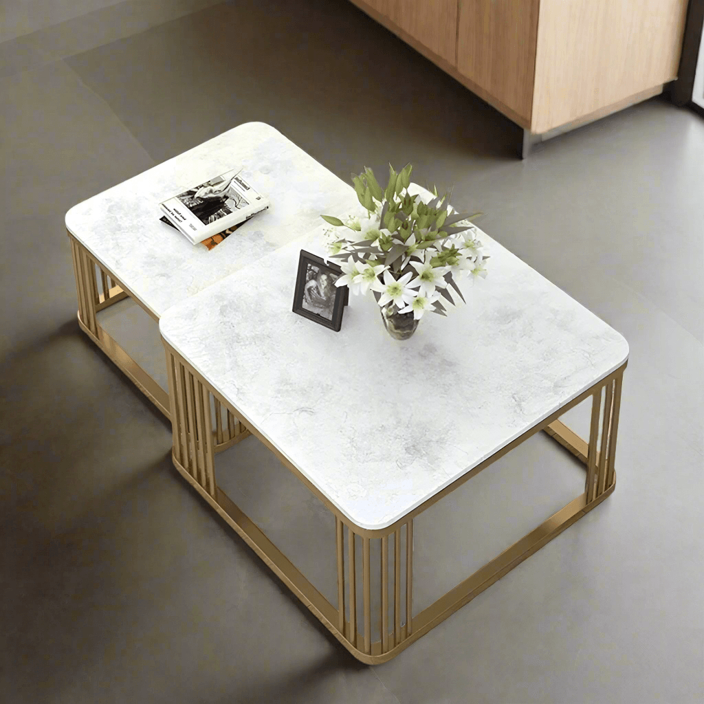 Elegant N I CREATIONS centre table coffe with a sleek white top and gold metal base, perfect for any living space
