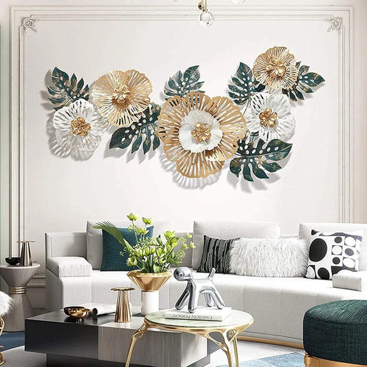 Living room wall view with floral leaf wall art by N I CREATIONS