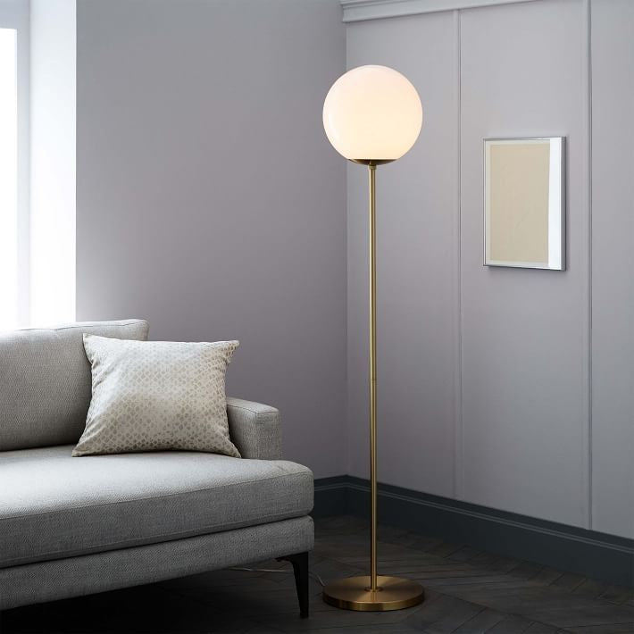 Modern Floor Lamp with Foot Switch E27 Lamp Holder Metal Frame Glass Shade Living Room, Gold, Bulb Included