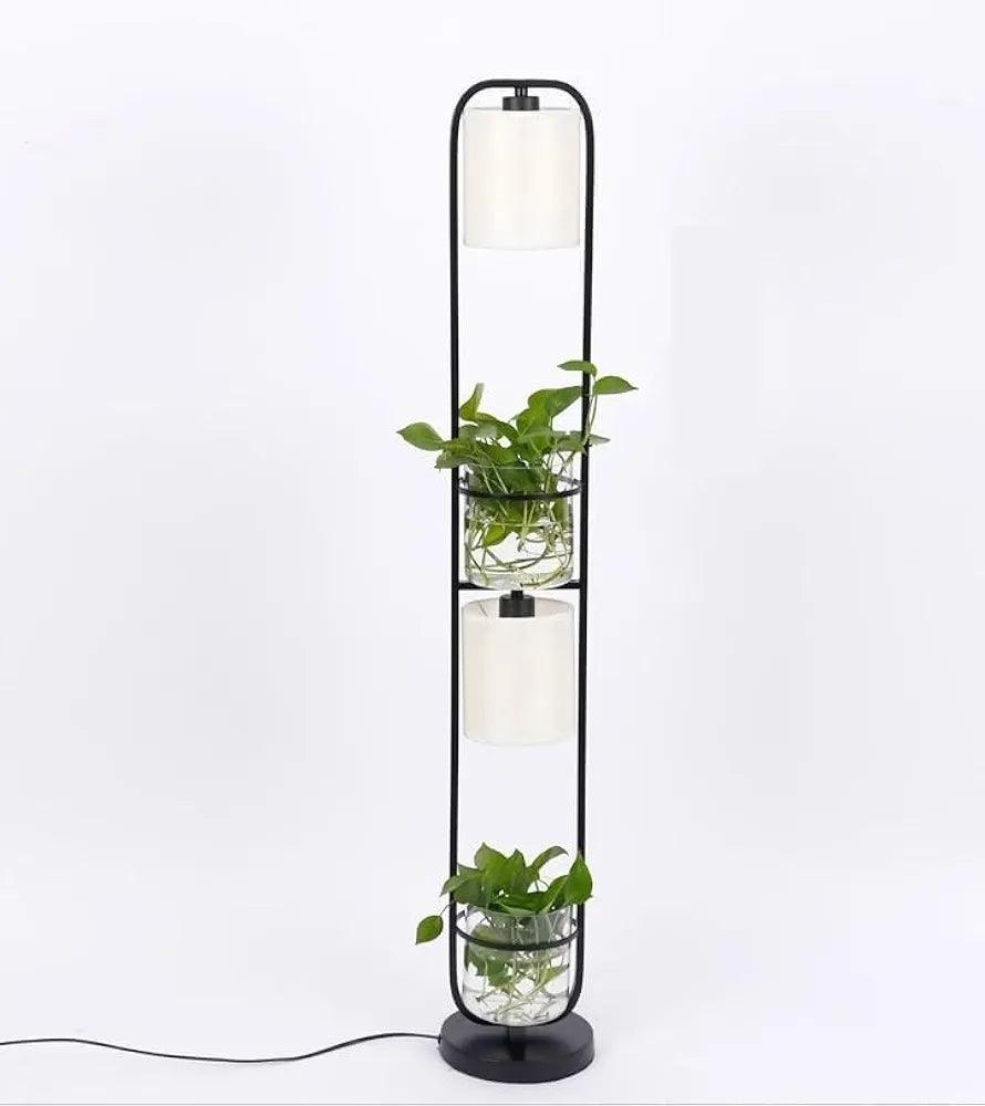 Full view of the modern dual-light standing floor lamp with both lights turned off, emphasizing the structural design and plant holders.