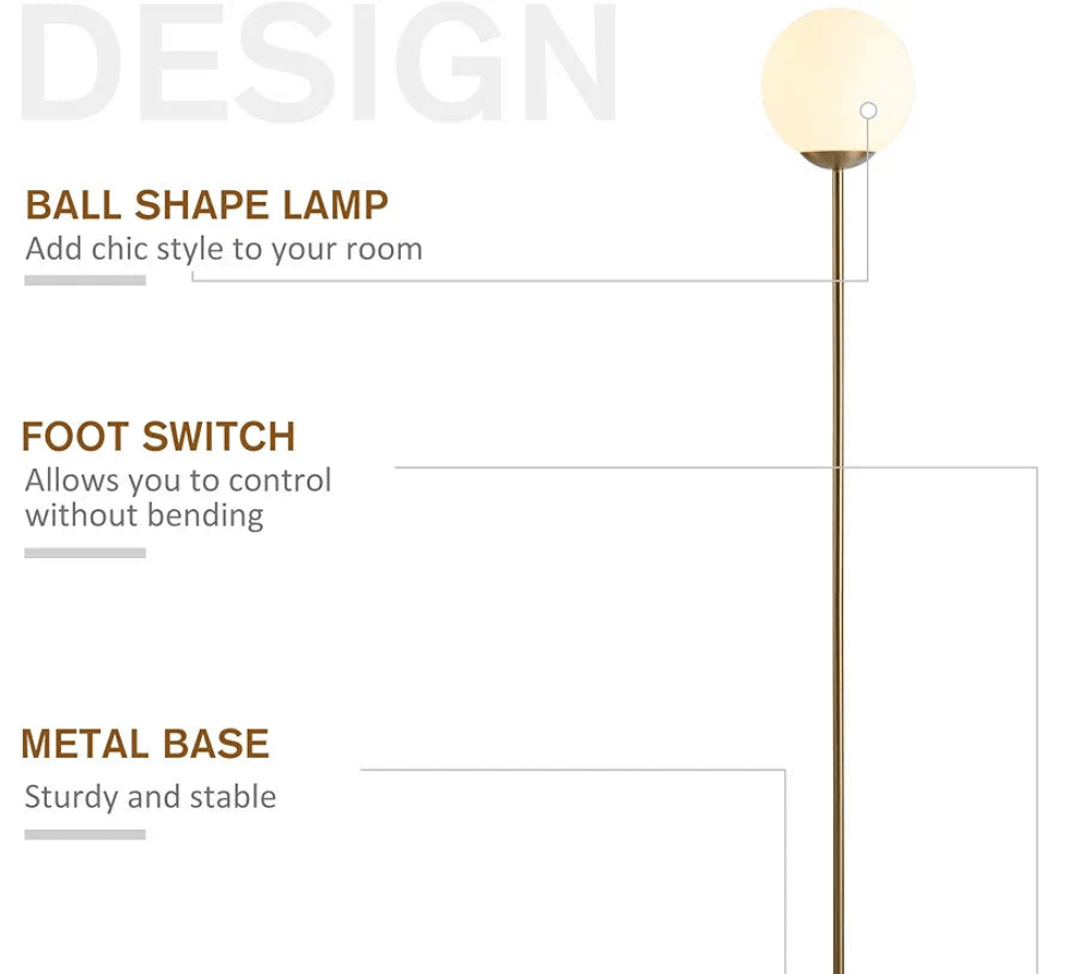 Elegant floor lamp standing with a ball shape lamp and sturdy metal base, featuring a foot switch