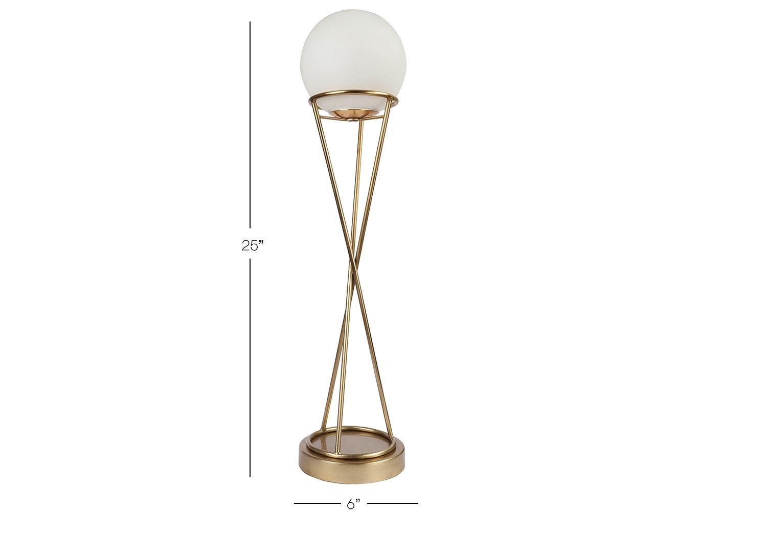 Gold Sybils orb floor lamp with size reference – height 25 inches (63.5 cm), base 7 inches (17.8 cm), perfect for compact spaces