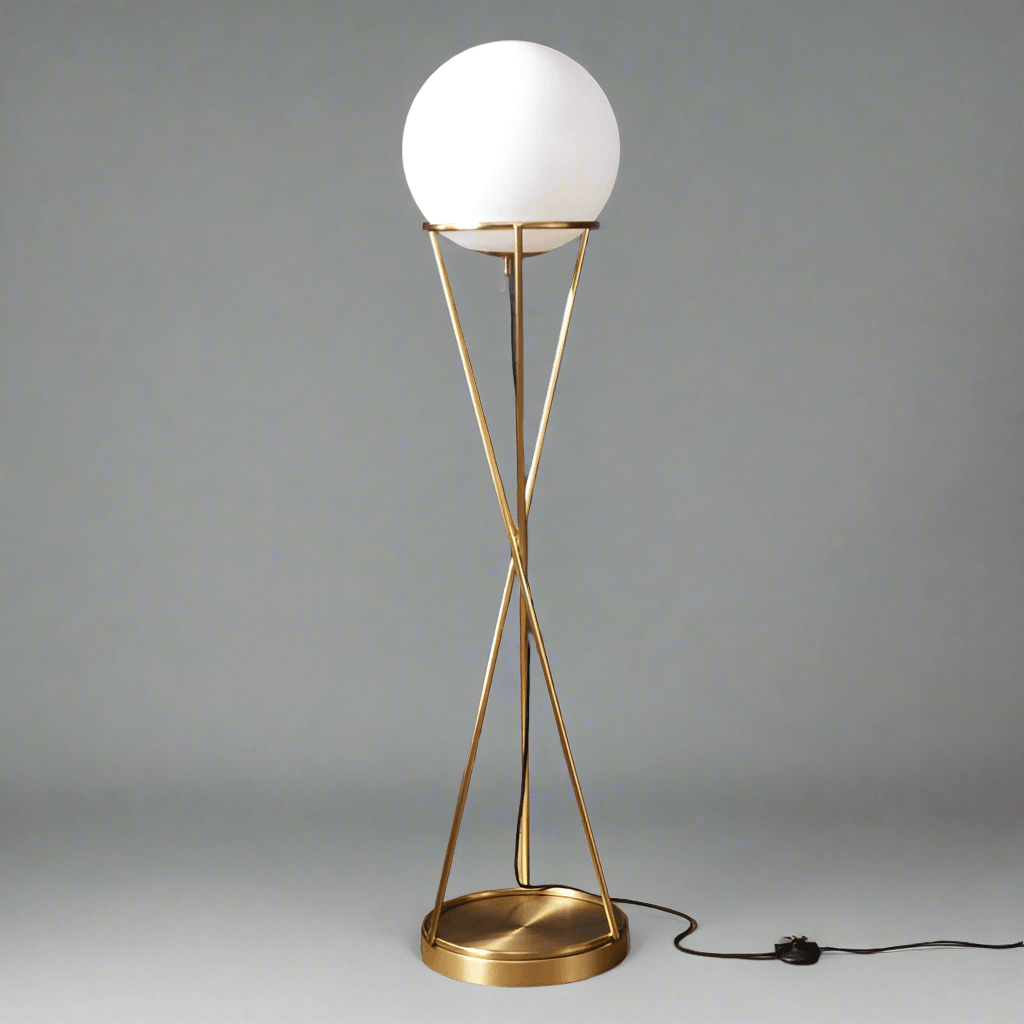 Elegant gold floor lamp with frosted glass shade, foot switch visible, studio lighting