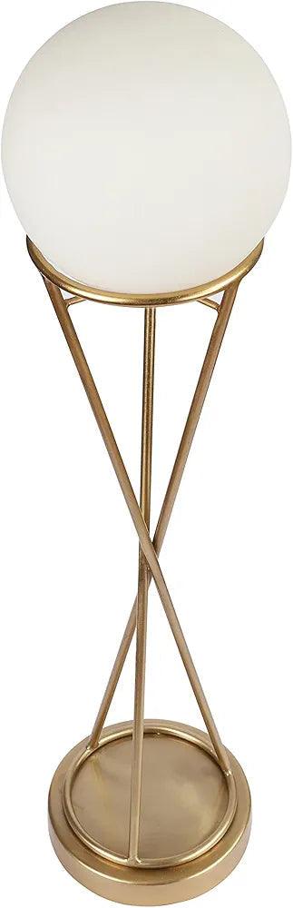 Minimalist gold floor lamp with frosted globe shade on white background, full view