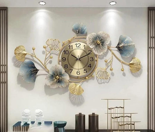 Elegant floral wall clock by N I CREATIONS featuring a gold and blue design for home decoration