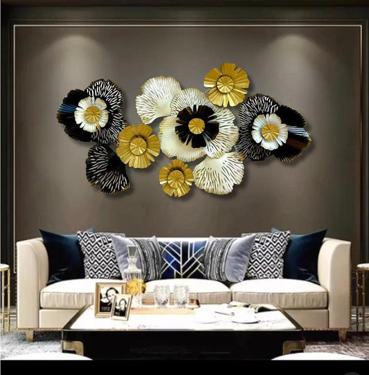 Flower metal wall art hanging on grey wall in modern hallway