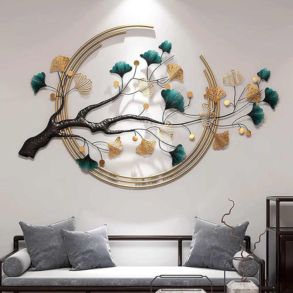 3D Ginkgo Leaf Wall Art hanging above a sofa in a luxury living room