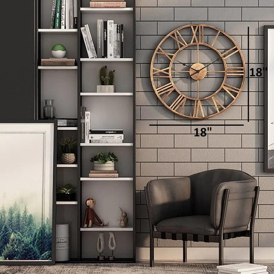 N I CREATIONS Metal analog wall clock in a stylish living room setting, measuring 18 inches