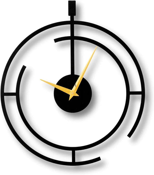 Stylish metal analog wall clock in black with yellow hands, perfect for home decor.