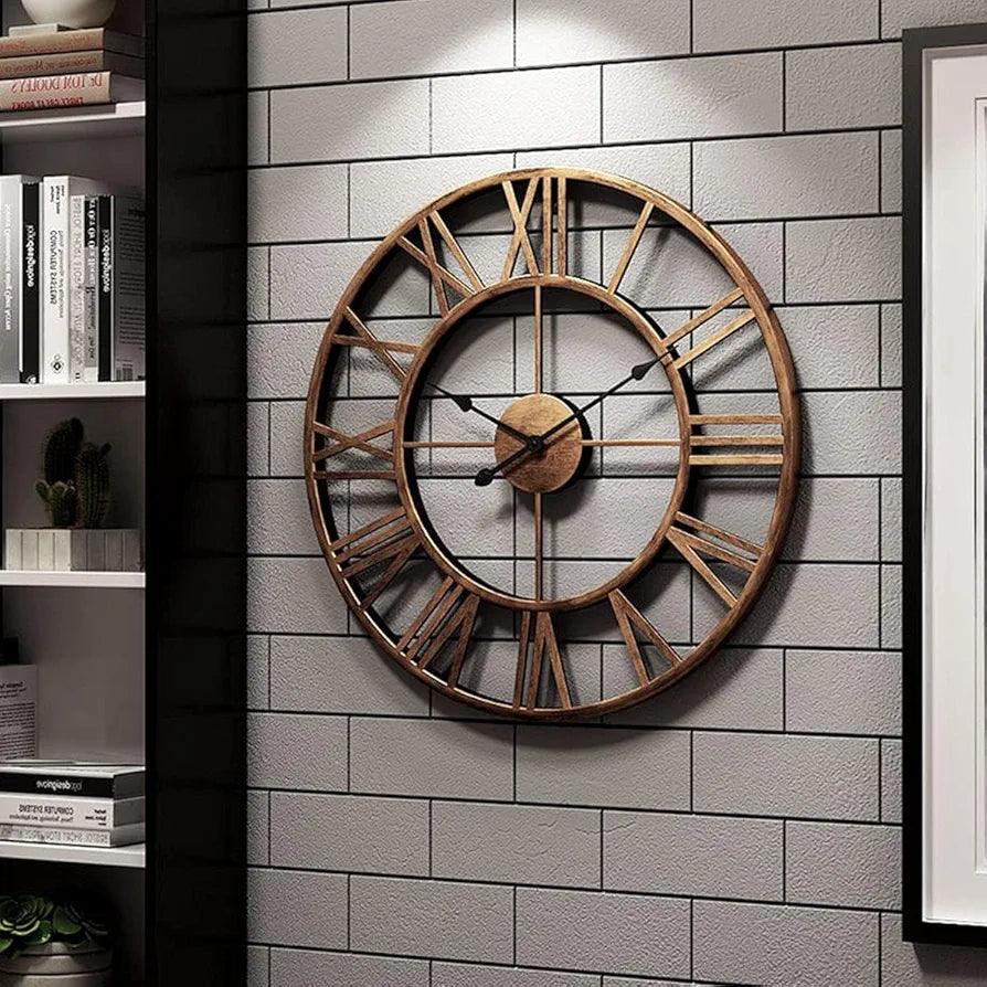 N I CREATIONS Metal analog wall clock with wooden accents and Roman numerals for home decor