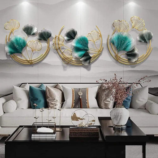 Lotus 3D metal wall art hanging above modern sofa in living hall