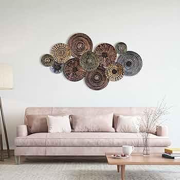 Full view of multicolor metal wall art hanging in living room