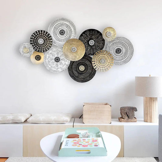 Multicolor tribal circles metal wall art hanging beside modern table lamp – N I CREATIONS™