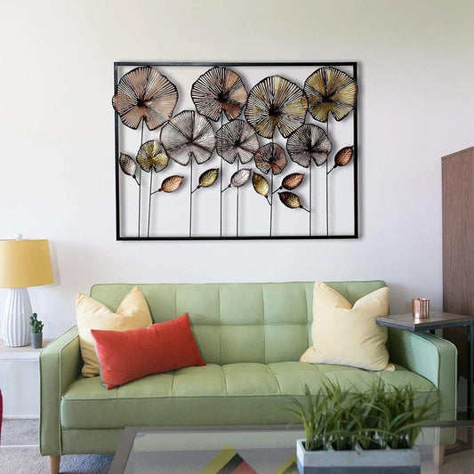 Full view of multicolor decorative metal wall art hanging in a modern living room
