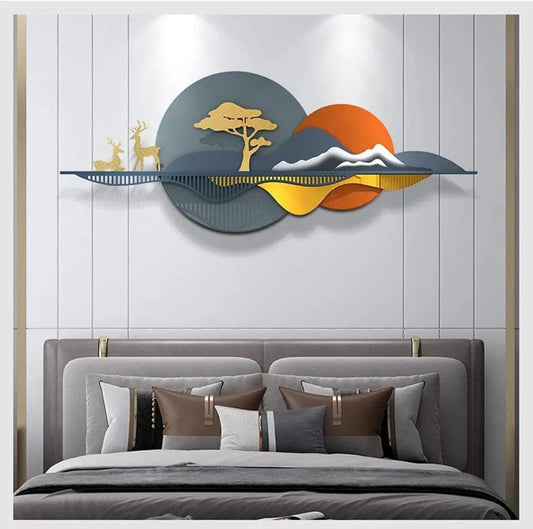 Large wall art panel on white wall in living room – 59-inch painted metal