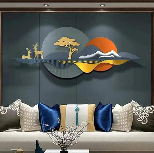 Metal wall art hanging in a grey living room interior – multicolor finish – N I CREATIONS