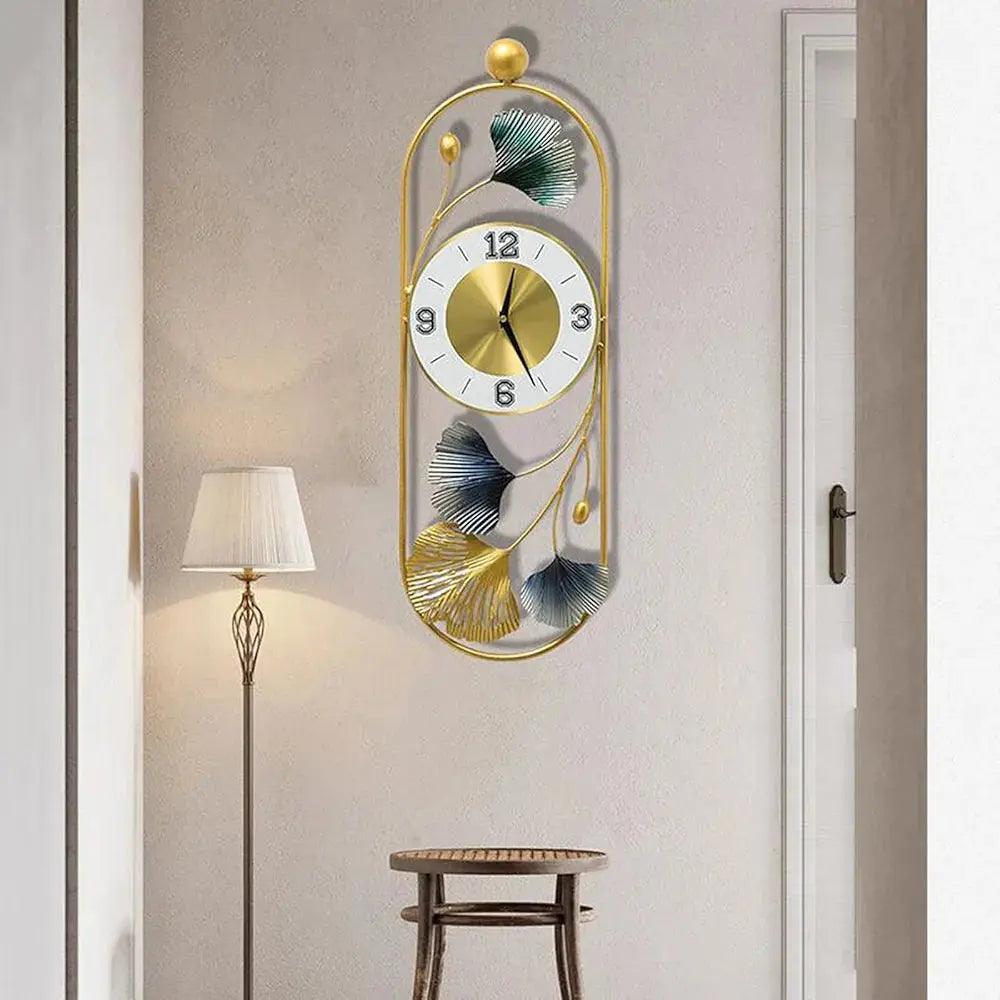 N I CREATIONS metal wall clock in gold and blue design with modern floral accents