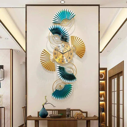 Stylish modern wall clock for living room with decorative fans and gold accents