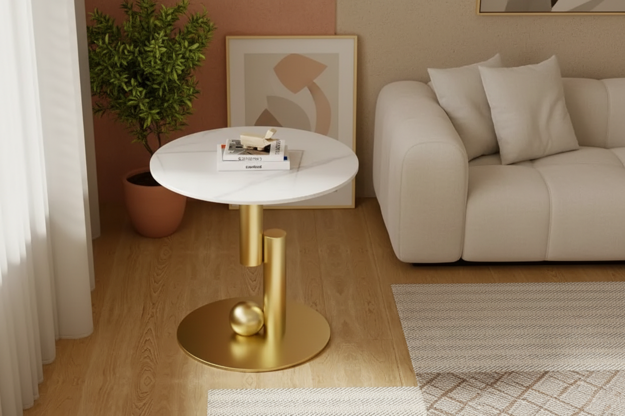 Round side table with gold base and white top in a room setting