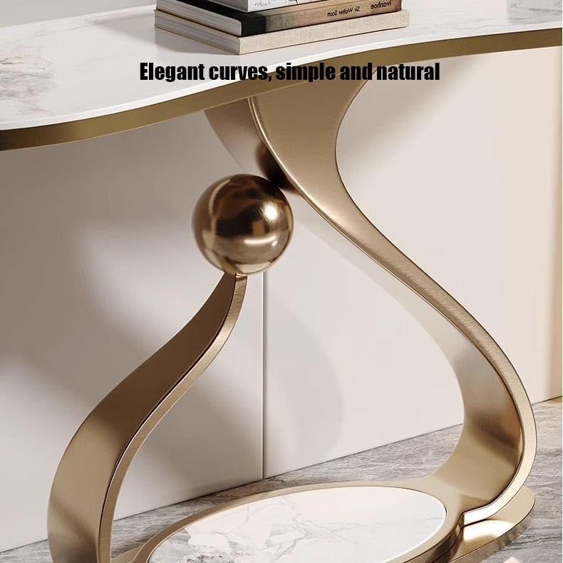 Gold metal console table with marble surface on a neutral background