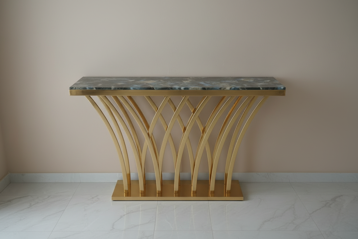 Modern Console Design – White Marble Top & Golden Metal Base Entryway Table