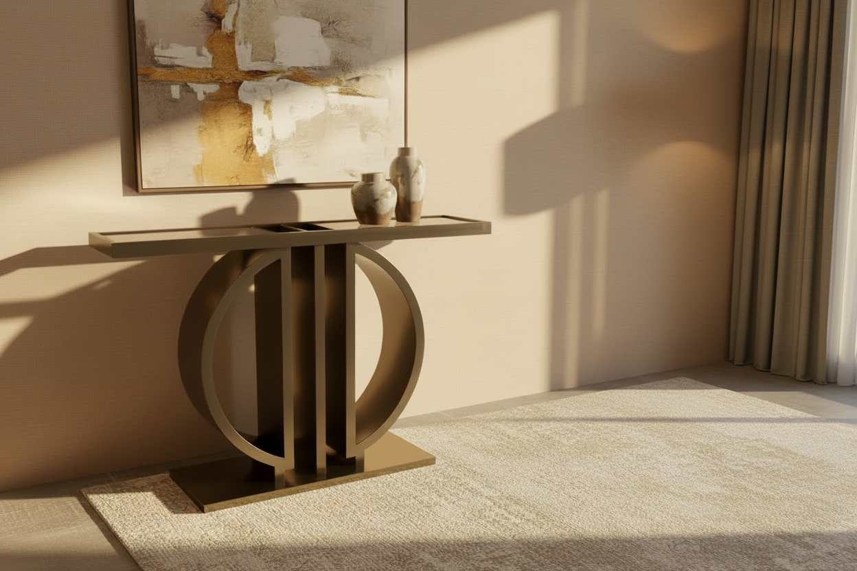 Modern console table with circular metal design on a gray floor and white wall background