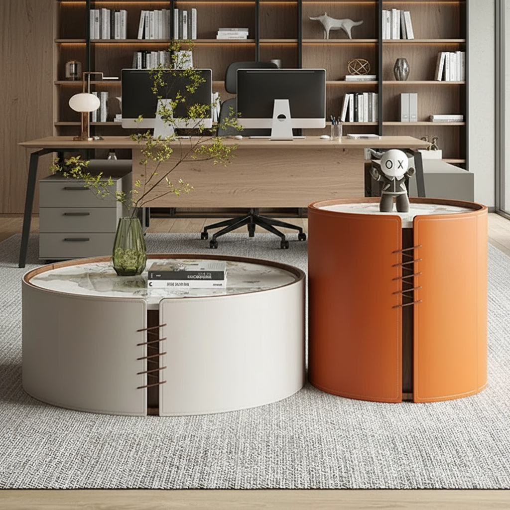 EVIA Luxury Coffee Table Set – Modern Wooden Top with Metal Base and PU Leather