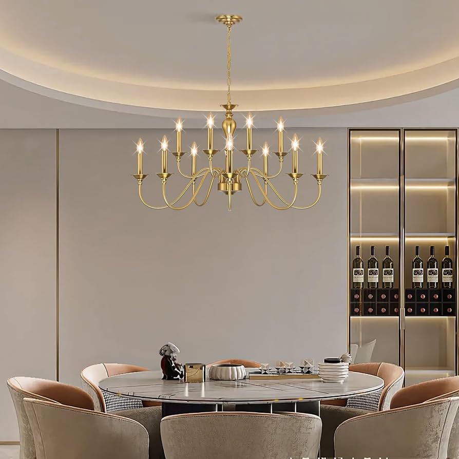 Luxury 12-Light Gold Farmhouse Chandelier – Industrial Candle Hanging Light for Dining & Living Spaces