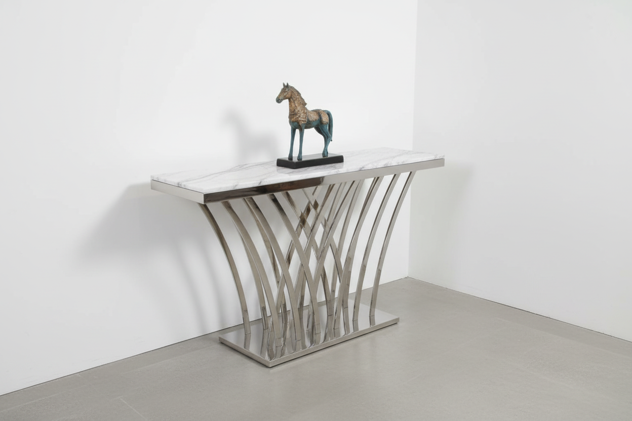 Modern Console Design – White Marble Top & Golden Metal Base Entryway Table