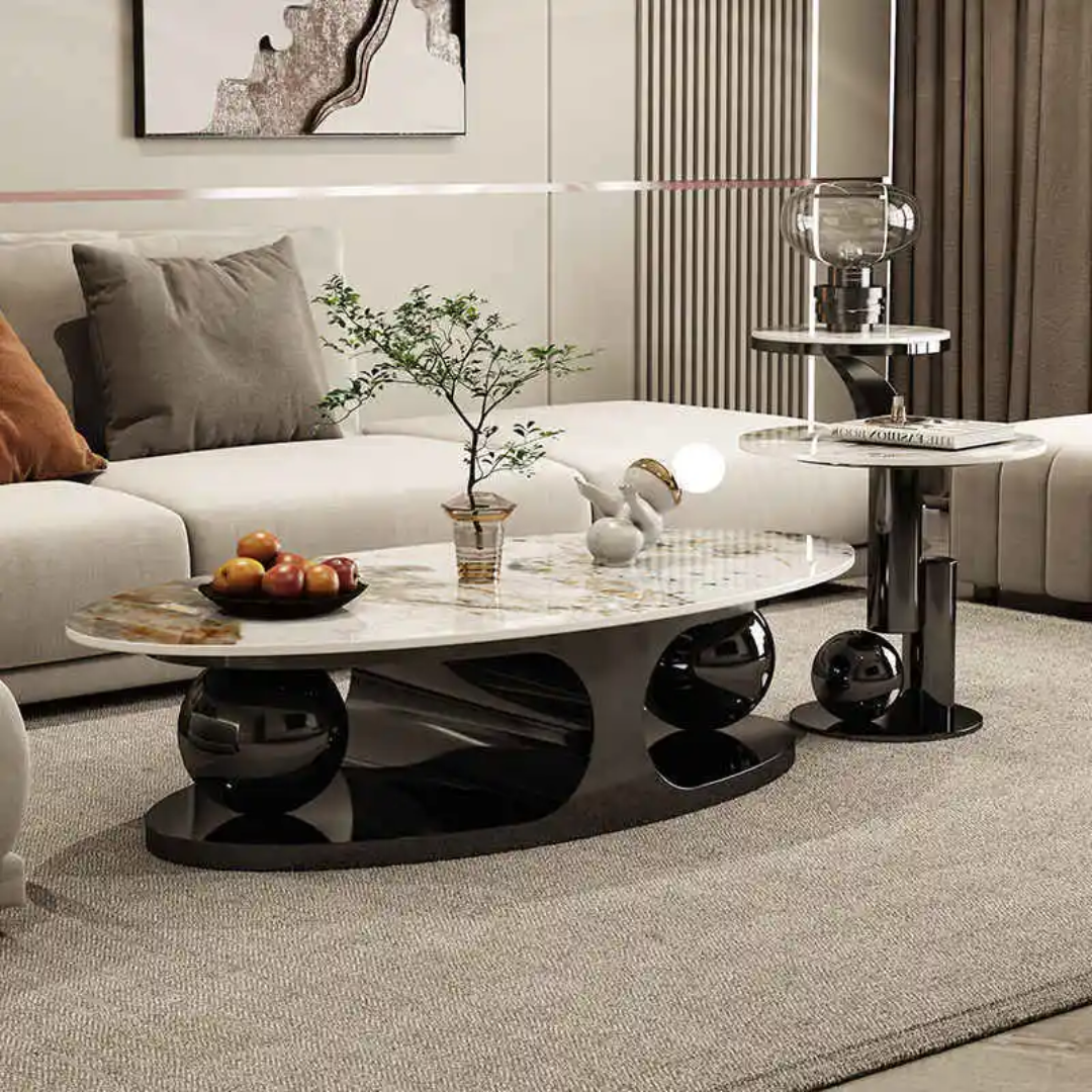 Modern living room with a stylish coffee table and decorative items.