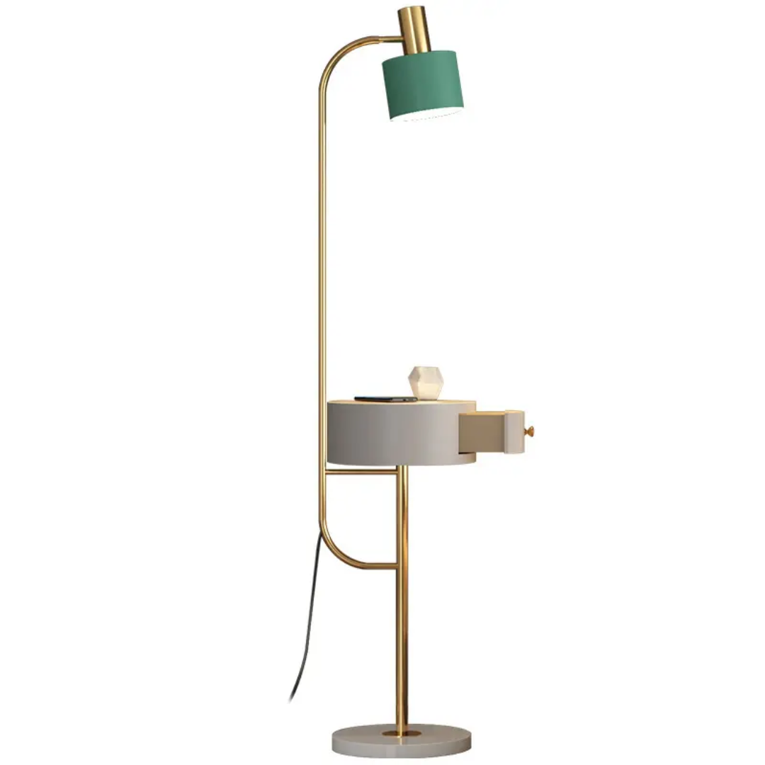Modern Mid-Century Standing Floor Lamp with Side Table & Charging Station