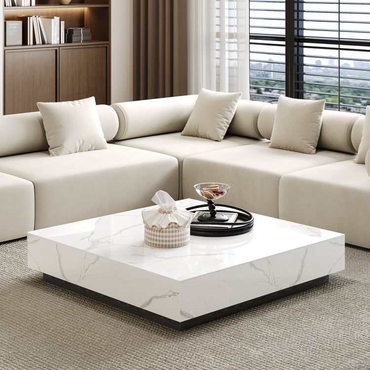 Luxury Sintered Stone Square Coffee Table with Wood Base & Storage – Modern Living Room Center Table