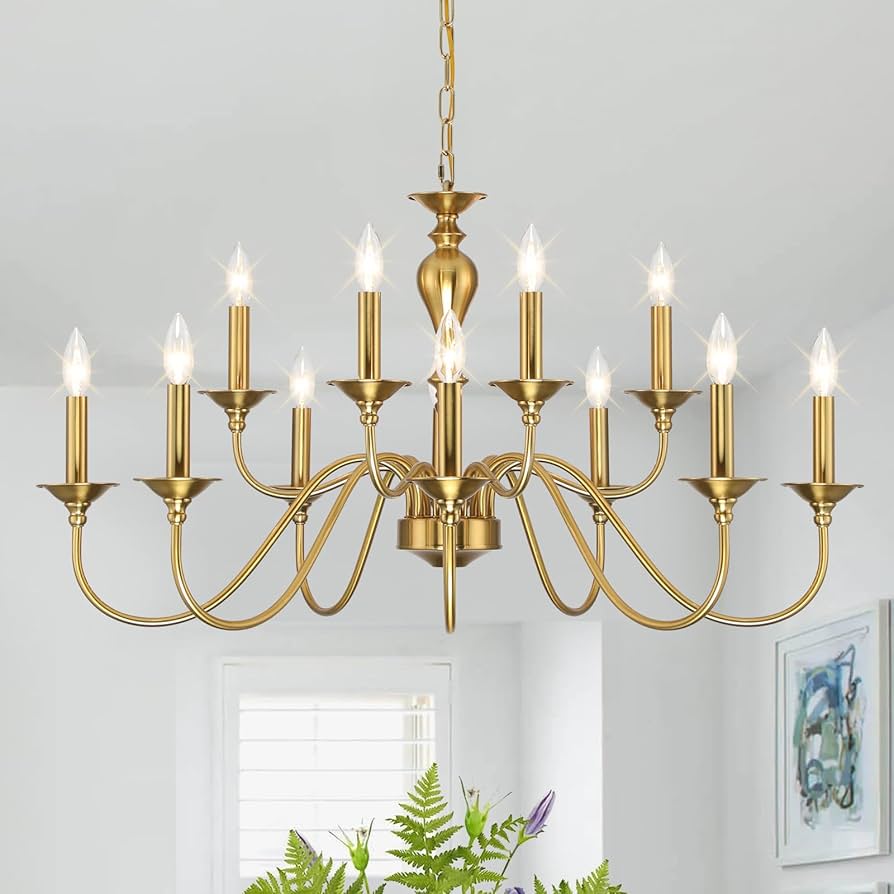 Luxury 12-Light Gold Farmhouse Chandelier – Industrial Candle Hanging Light for Dining & Living Spaces