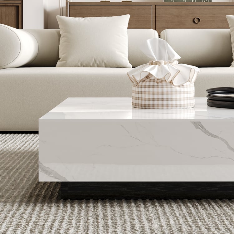 Luxury Sintered Stone Square Coffee Table with Wood Base & Storage – Modern Living Room Center Table