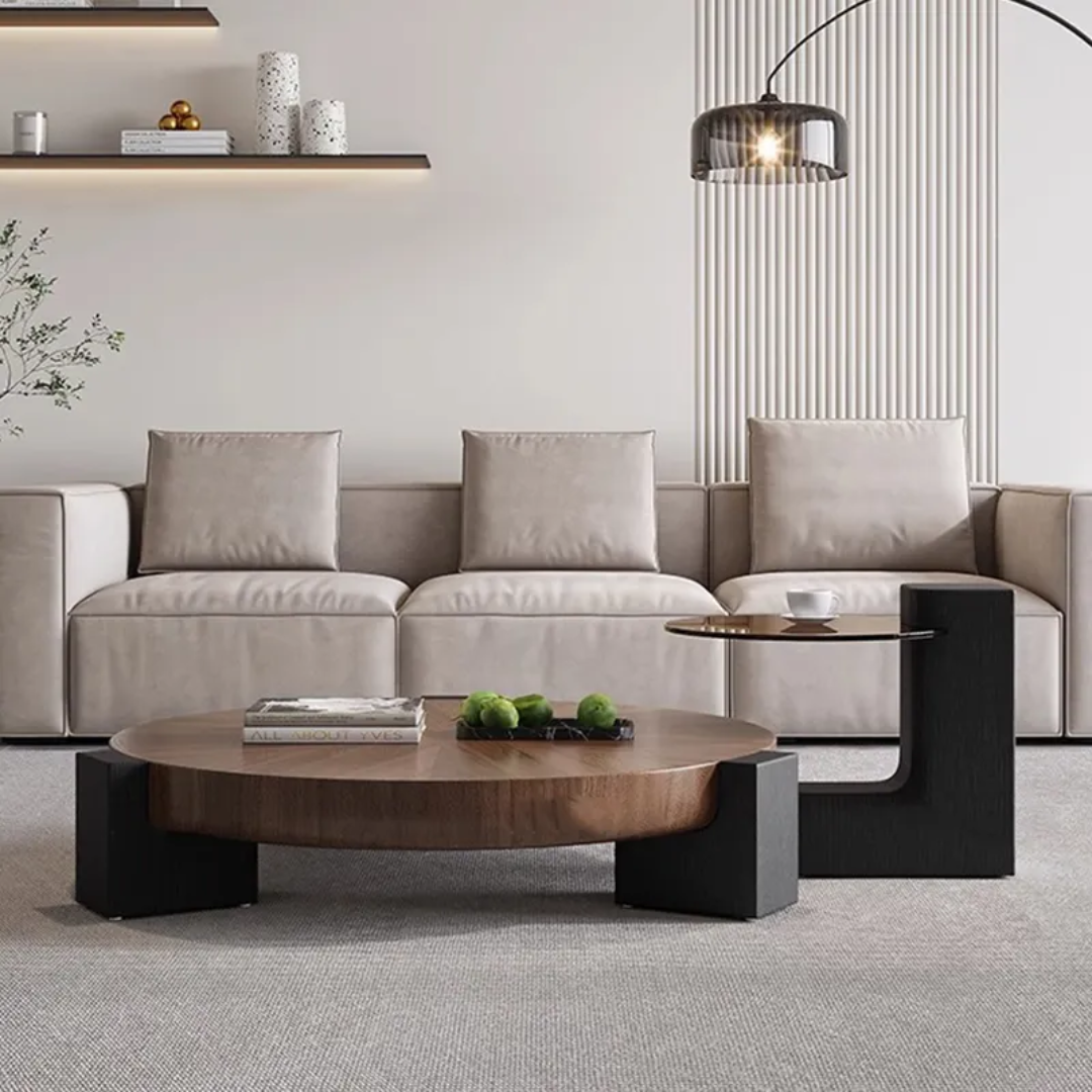 Modern living room with a beige sectional sofa, wooden coffee table, and decorative items.