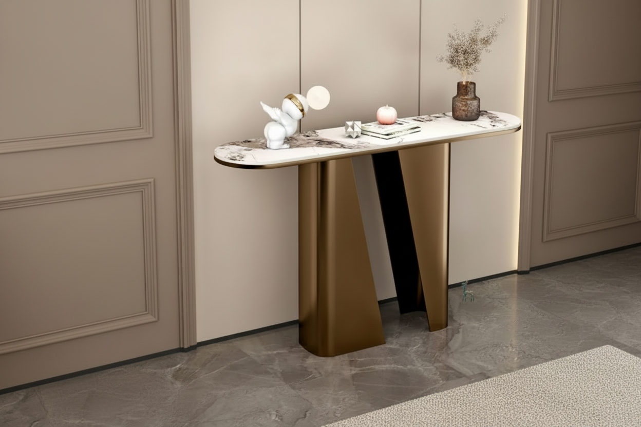 Modern console table with decorative items against a neutral wall.