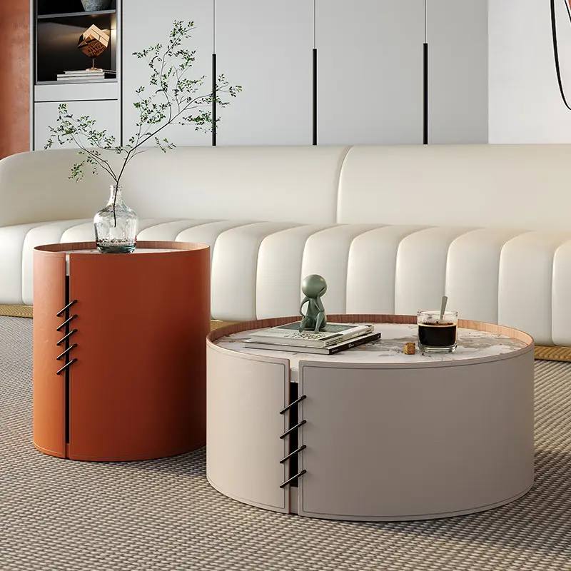 EVIA Luxury Coffee Table Set – Modern Wooden Top with Metal Base and PU Leather