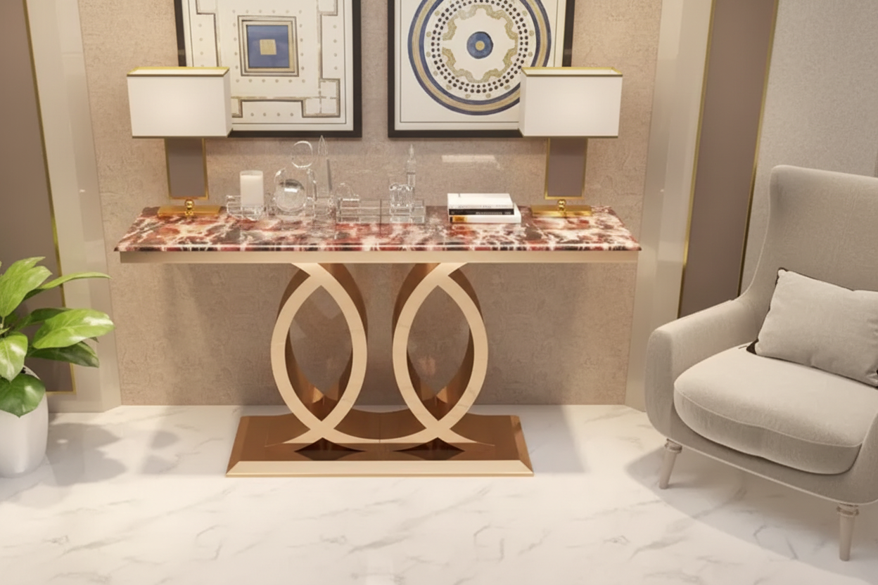 Modern console table with decorative items in a stylish room setting