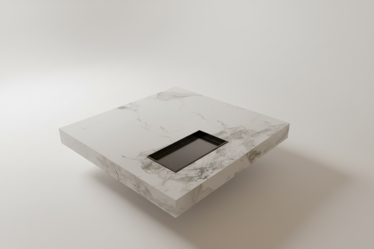 Modern living room with a marble coffee table, chairs, and decorative elements.