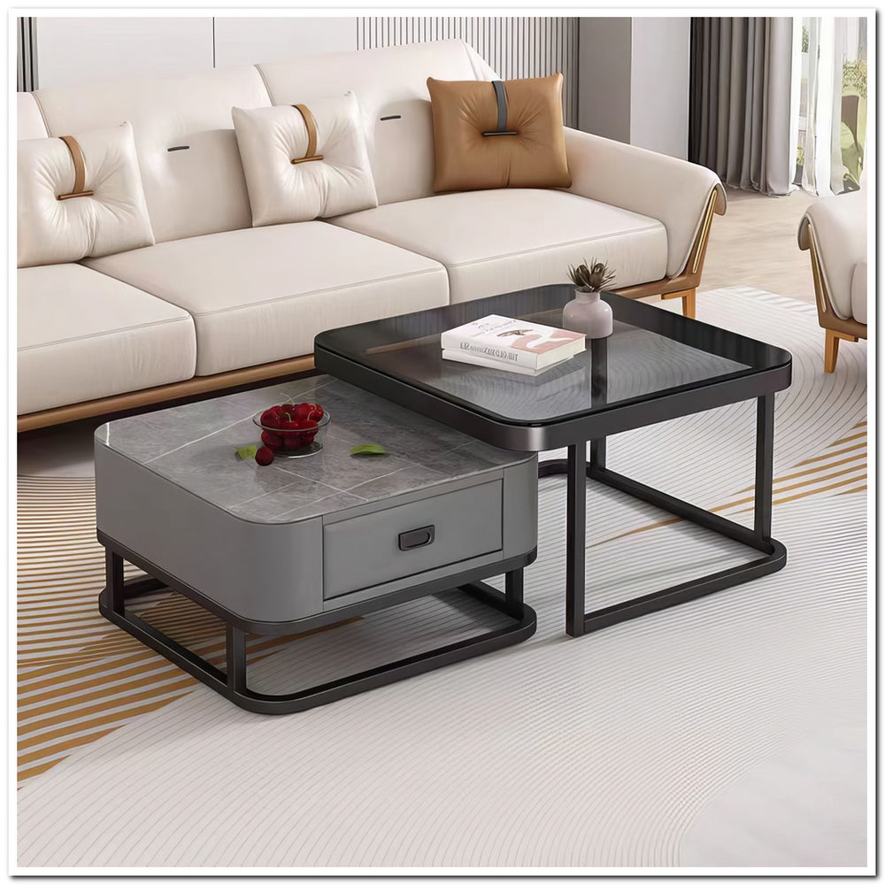 Modern living room with a sectional sofa and two coffee tables.