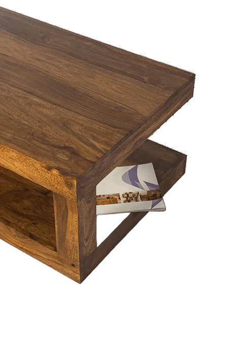 Wooden coffee table with a magazine on a transparent white background