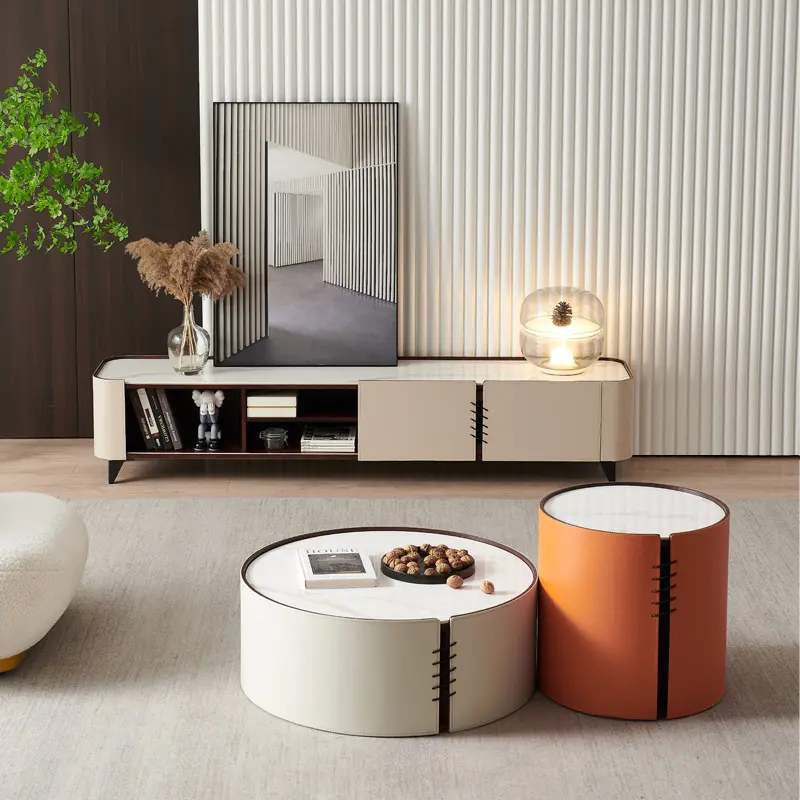 EVIA Luxury Coffee Table Set – Modern Wooden Top with Metal Base and PU Leather