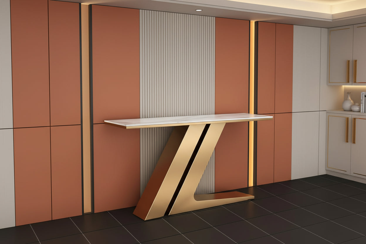 Modern Entryway Console Table with Black Composite Marble Top & Stainless Steel Base