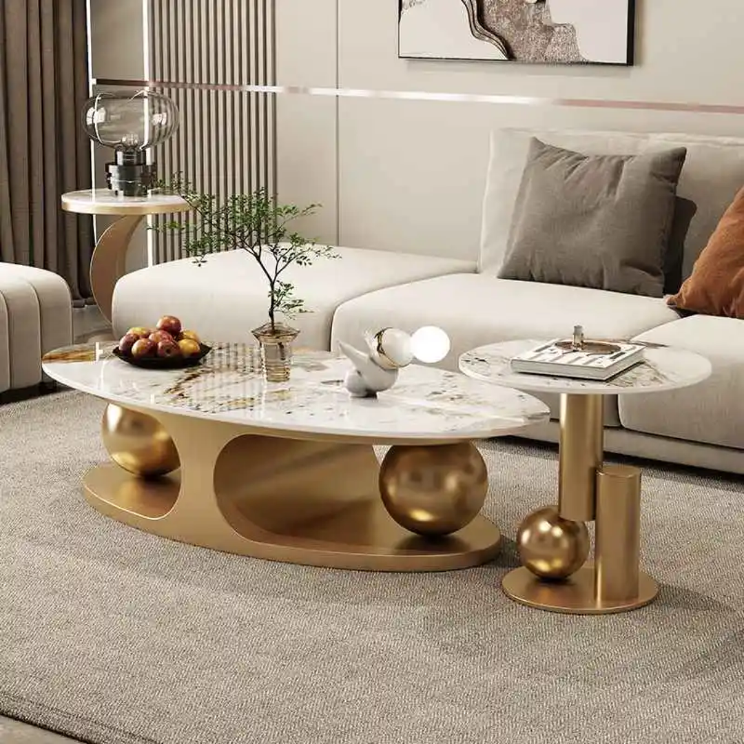 Modern living room with a gold and marble coffee table