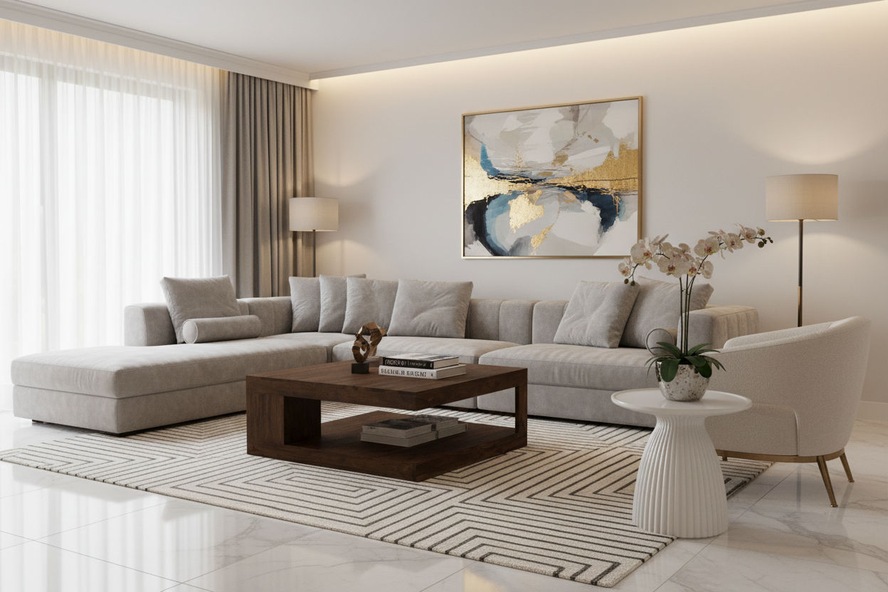 Modern living room with a sectional sofa, coffee table, and decorative elements.