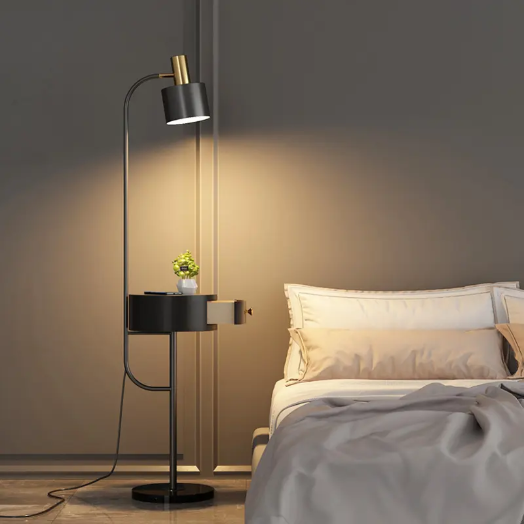 Modern Mid-Century Standing Floor Lamp with Side Table & Charging Station