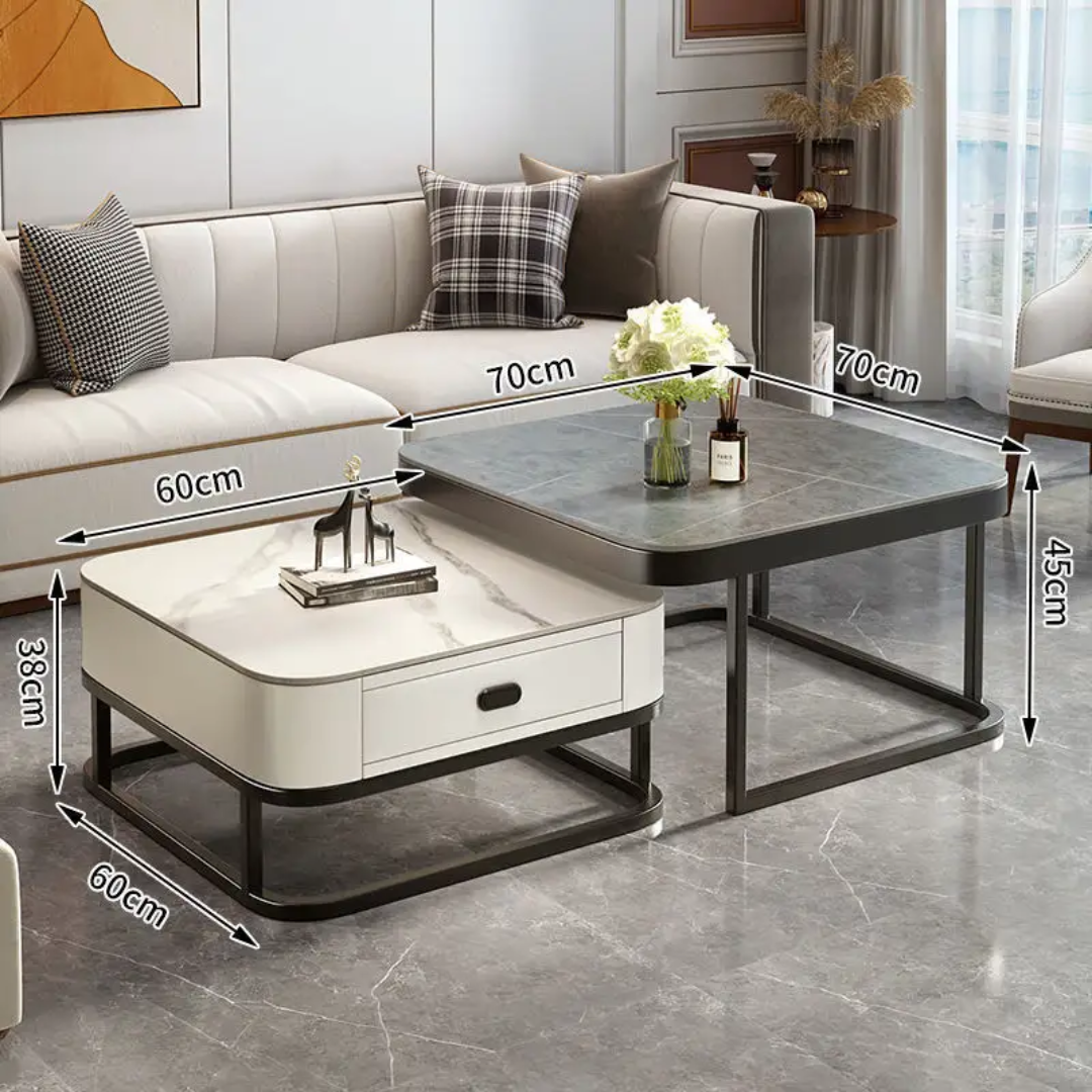 Coffee table with dimensions labeled in a living room setting